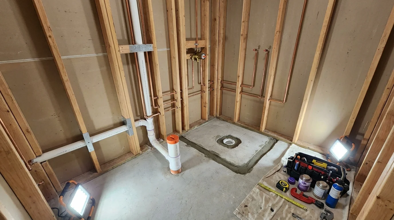 Bathroom rough-in plumbing during remodel by Johns Plumbing LLC in Tecumseh