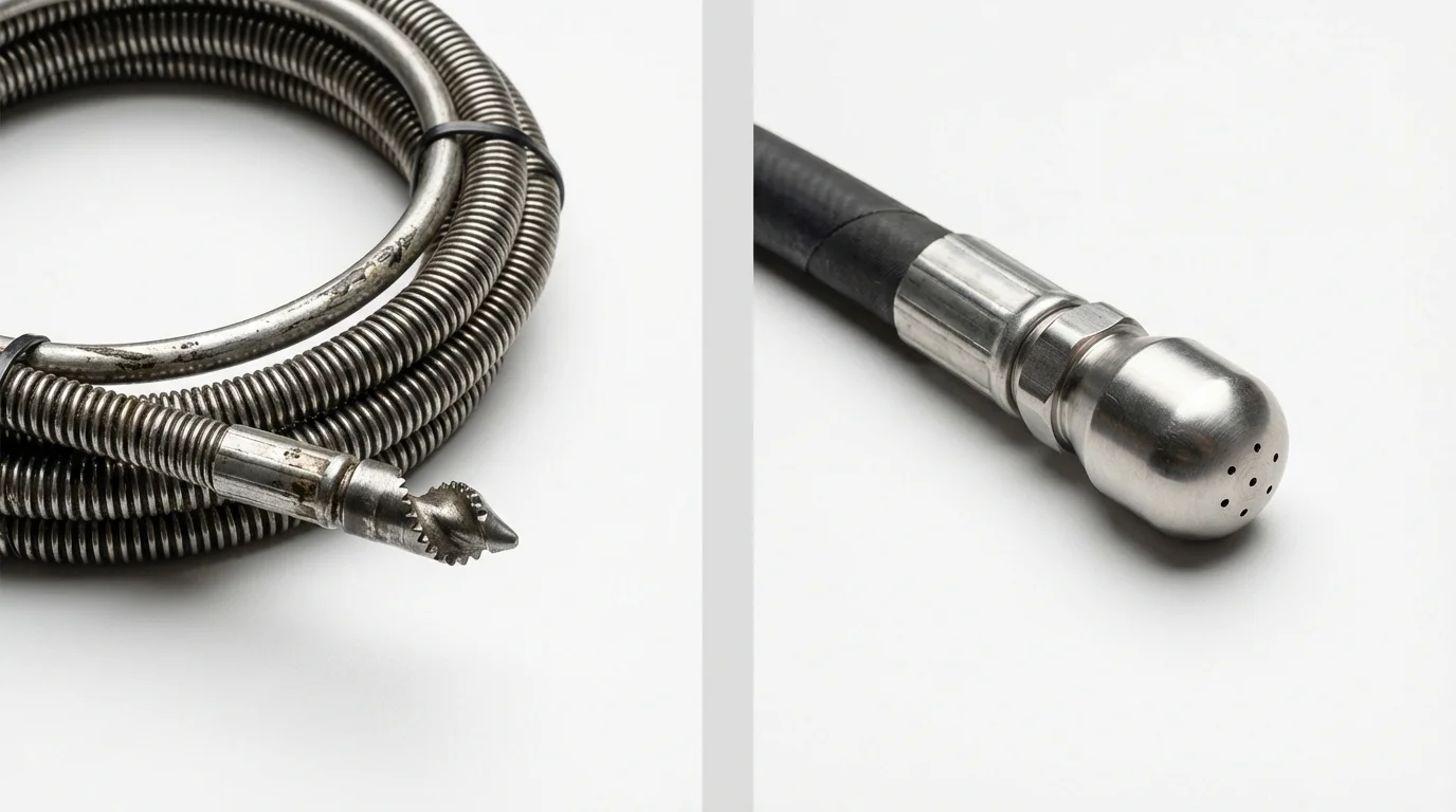 Drain snake cable and hydro jetting nozzle used for drain cleaning in Tecumseh, OK