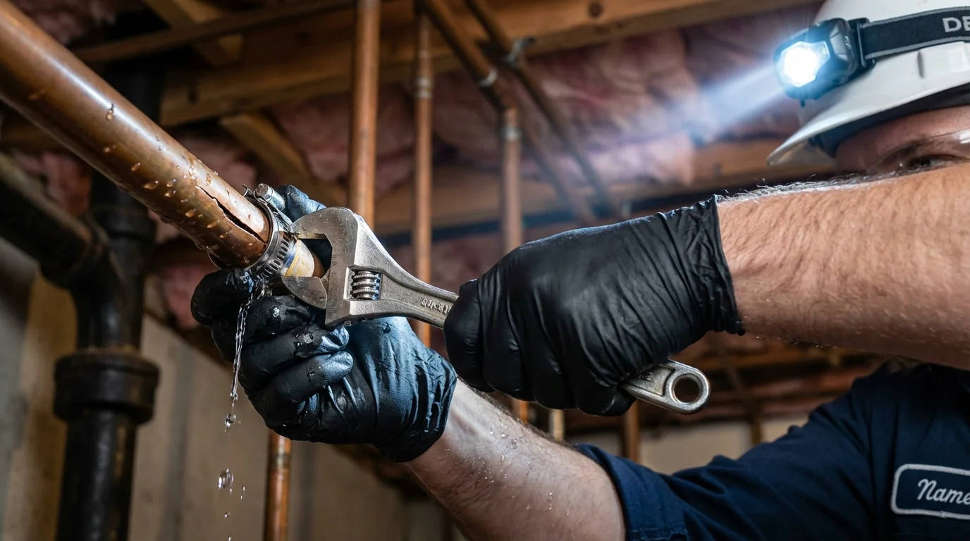 Emergency pipe clamp repair being performed by a Johns Plumbing LLC plumber in Tecumseh