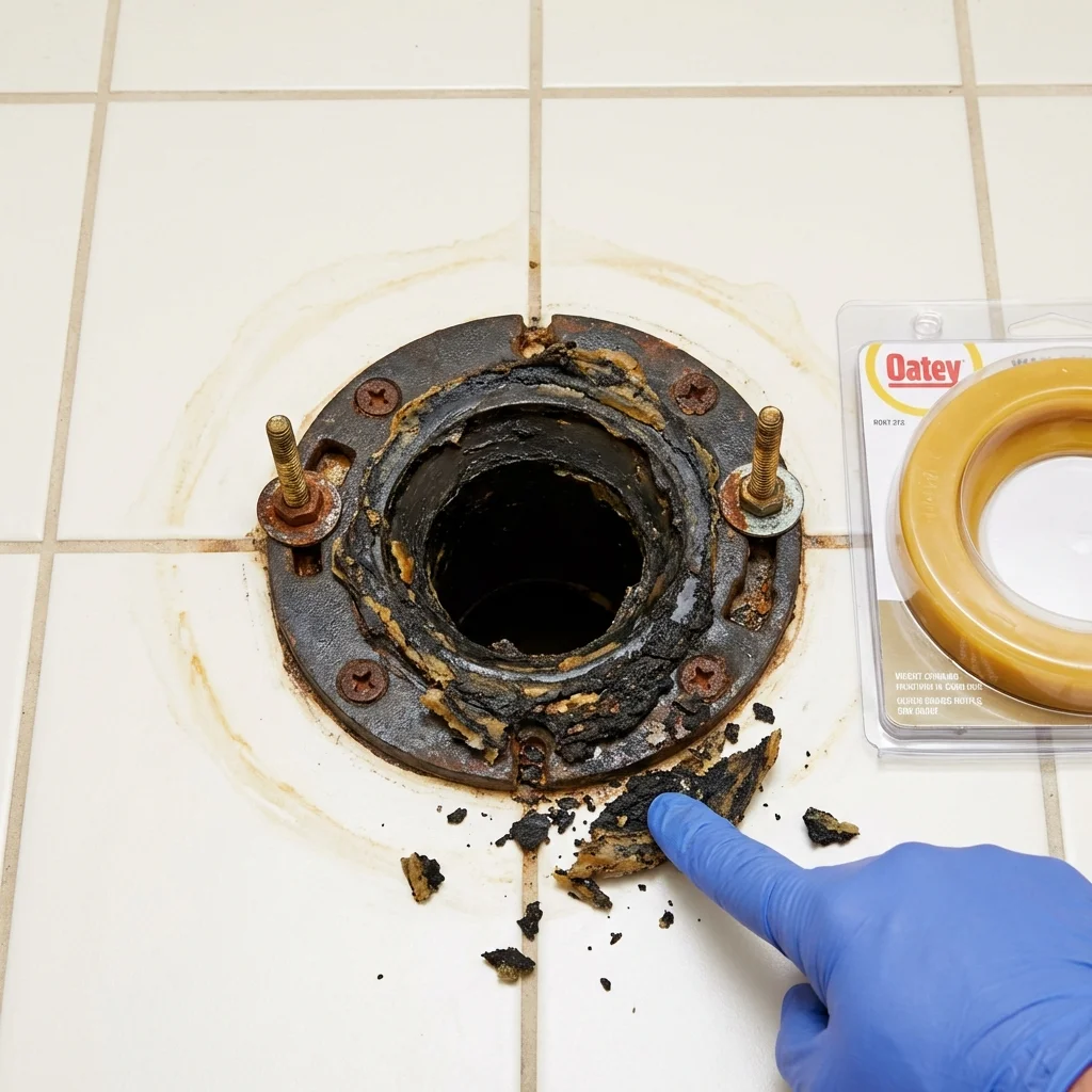 Failed wax ring showing water seepage at the base of a toilet in a Tecumseh, OK home